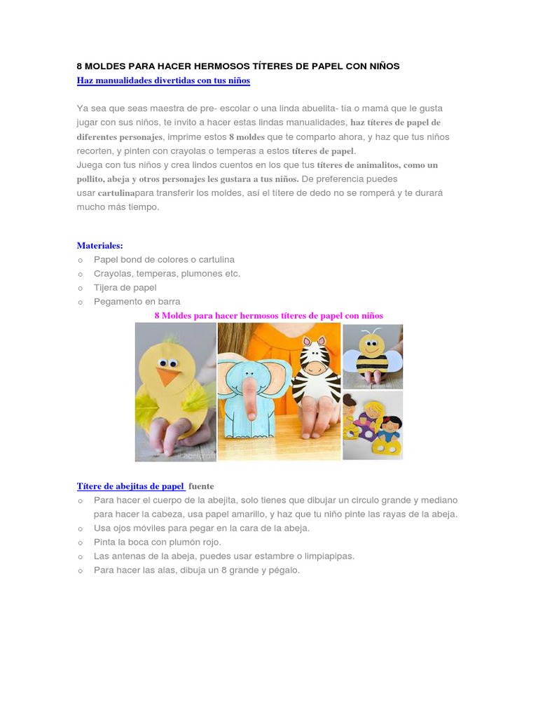8 Moldes para Títeres de Papel Infantil | PDF | Ocio | Naturaleza
