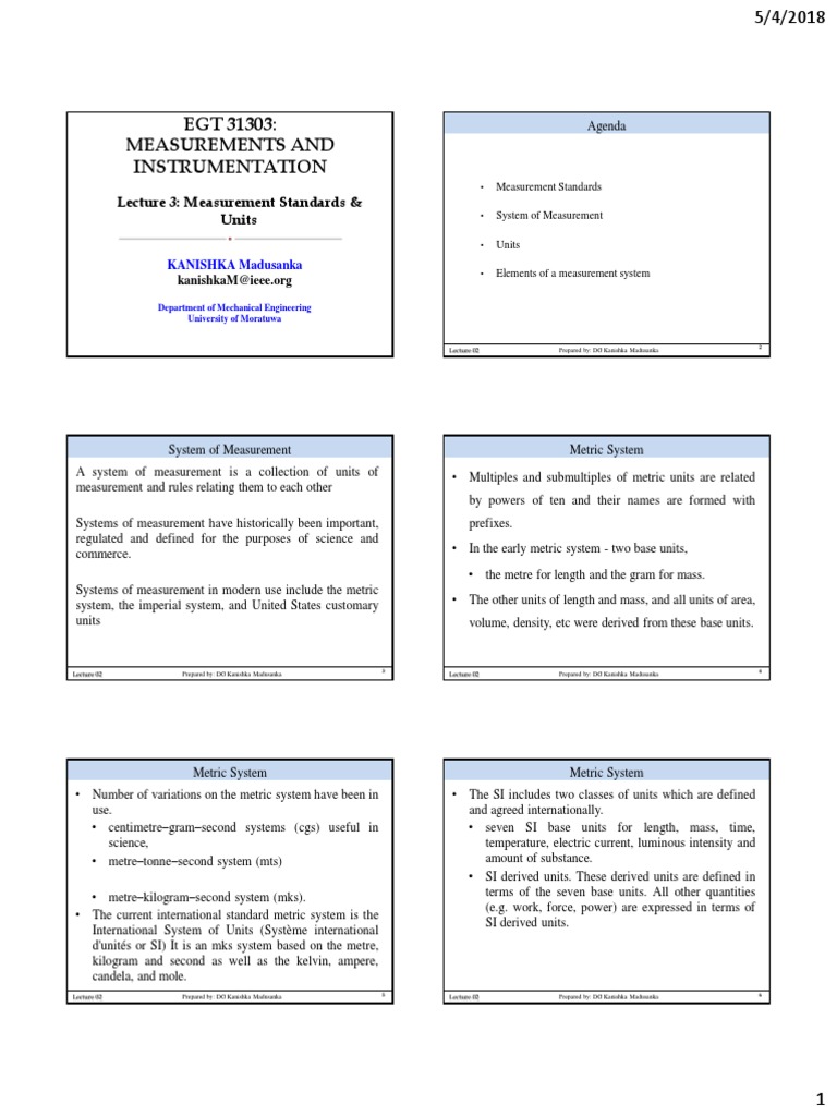 EGT 31303 Measurements and Instrumentation Lecture 3 Measurement Standards & Units PDF