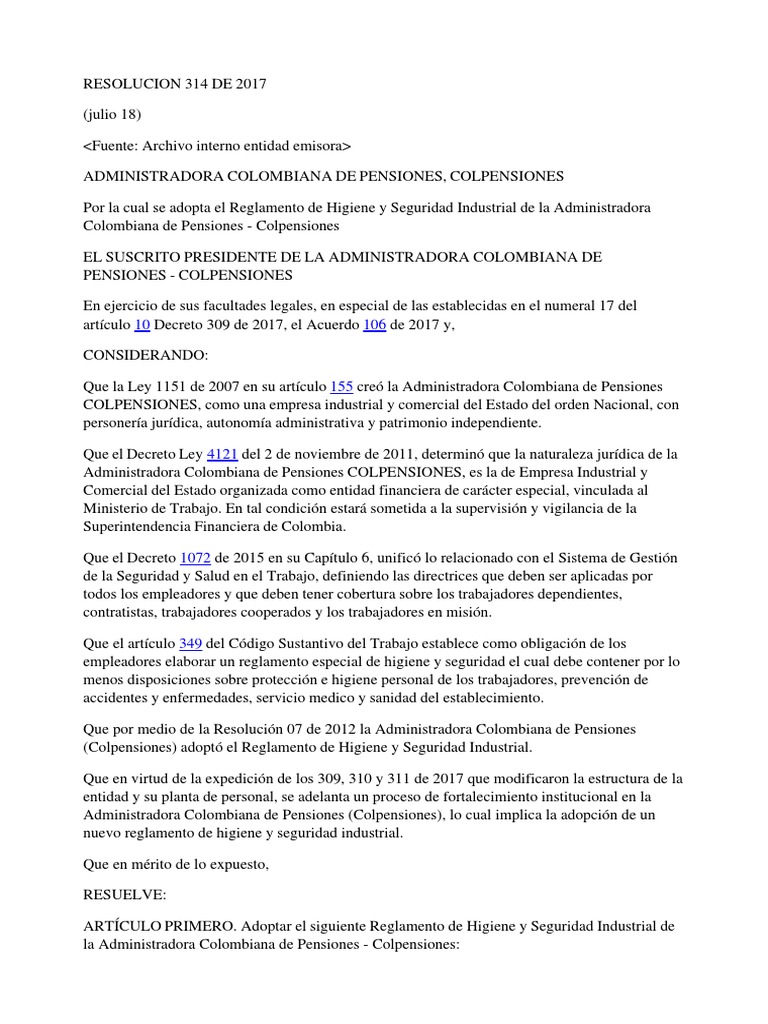 Resolucion Colpensiones 0314 2017 | Colombia | Gobierno