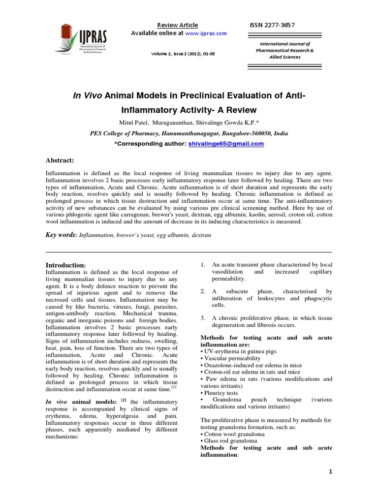 Preclinical Anti-Inflammatory Models | PDF | Inflammation | Medical ...
