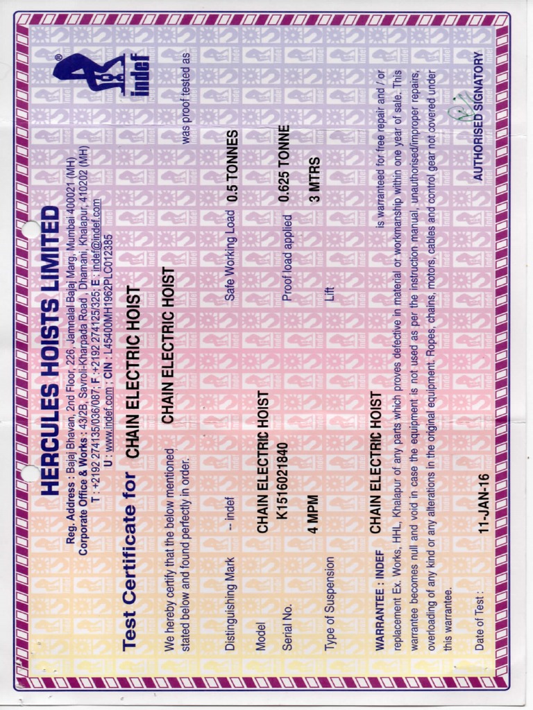 Indef Chain Hoist + Trolley - Test Certificate | PDF
