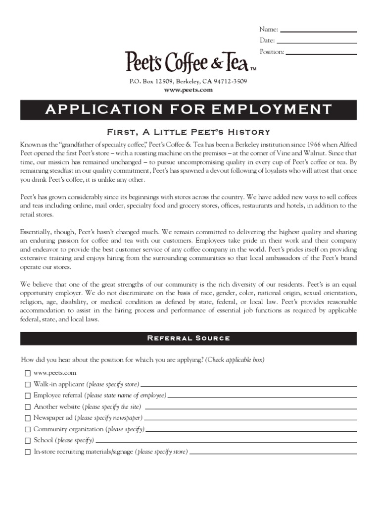 Peet's Coffee Employment Application Form | PDF | At Will Employment ...