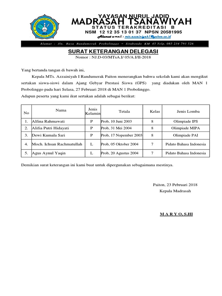 Contoh Surat Delegasi Kepala Sekolah  Contoh Surat