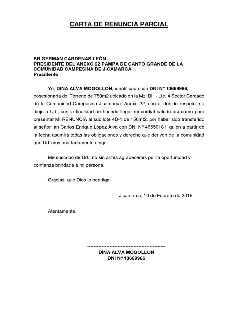 Carta de Renuncia Parcial
