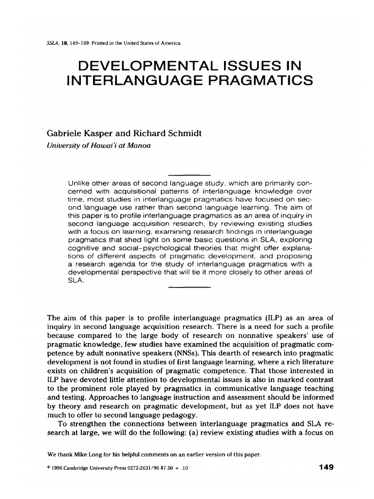 Developmental Issues in Interlanguage Pragmatics PDF | PDF | Second ...