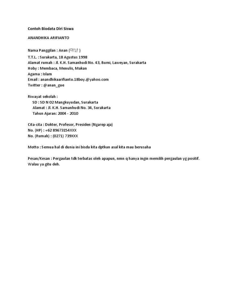 Contoh Biodata Diri Siswa