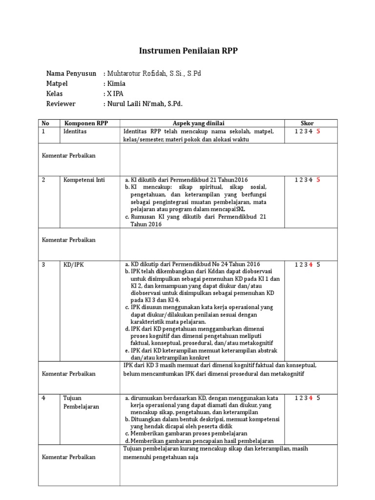 Instrumen Penilaian RPP K13 Revisi Bu Fida