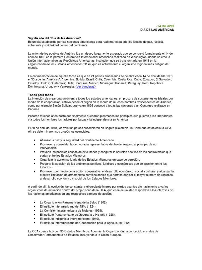 14 De Abril Dia Americas Americas Relaciones Internacionales