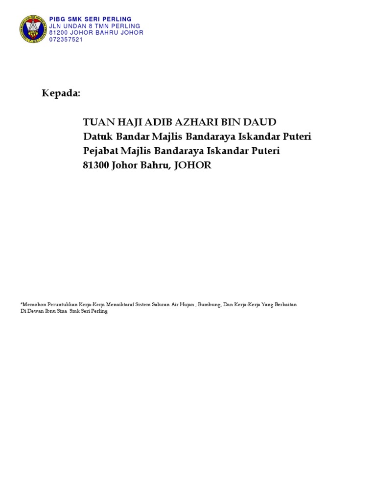Contoh Alamat Surat Di Sampul Surat Kepada Pengetua Asrama