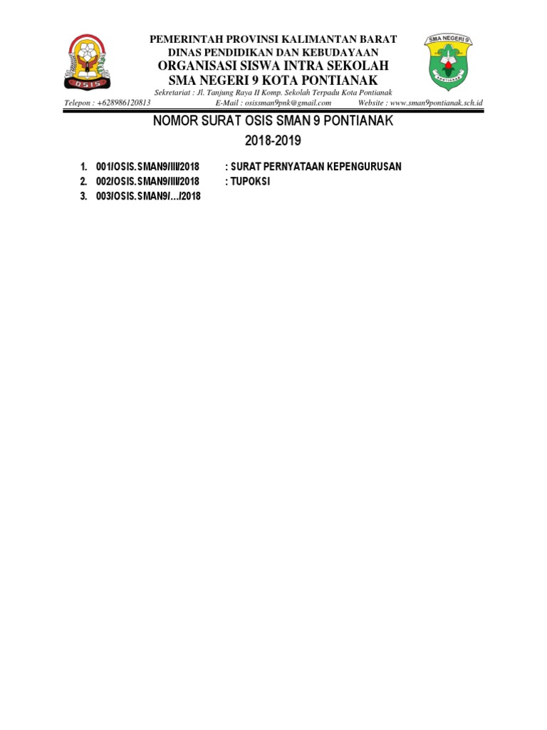 Nomor Surat Osis Sman 9 Pontianak