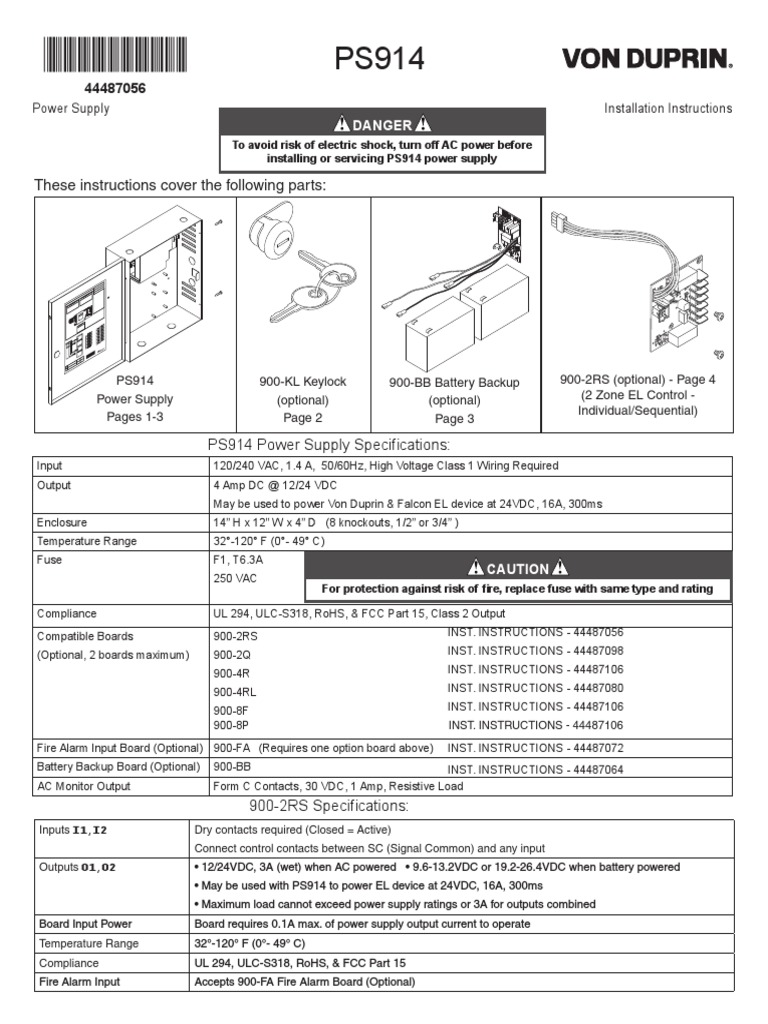 Von Duprin PS914 Power Supply Installation Instructions