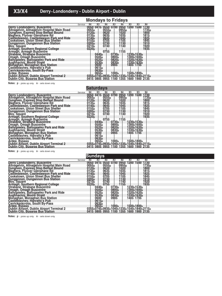 Dublin-Derry X3/X4 Bus Timetable | PDF | Parking | Commuting