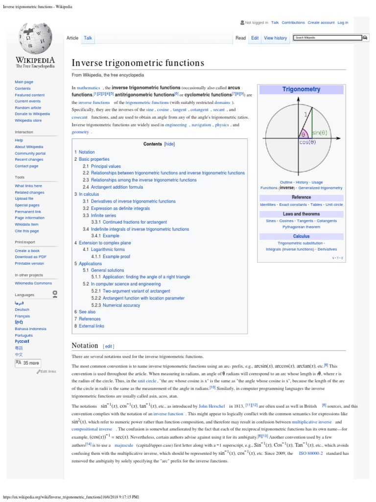 Inverse Trigonometric Functions - Wikipedia | PDF | Trigonometric ...