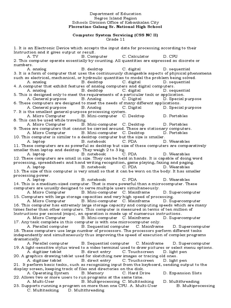 CSS NC II Grade 11 Computer Quiz | PDF | Electrical Connector | Printer ...