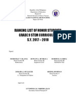 Ranking List of Honor Students Grade 9 Stem Curriculum S.Y. 2017 - 2018