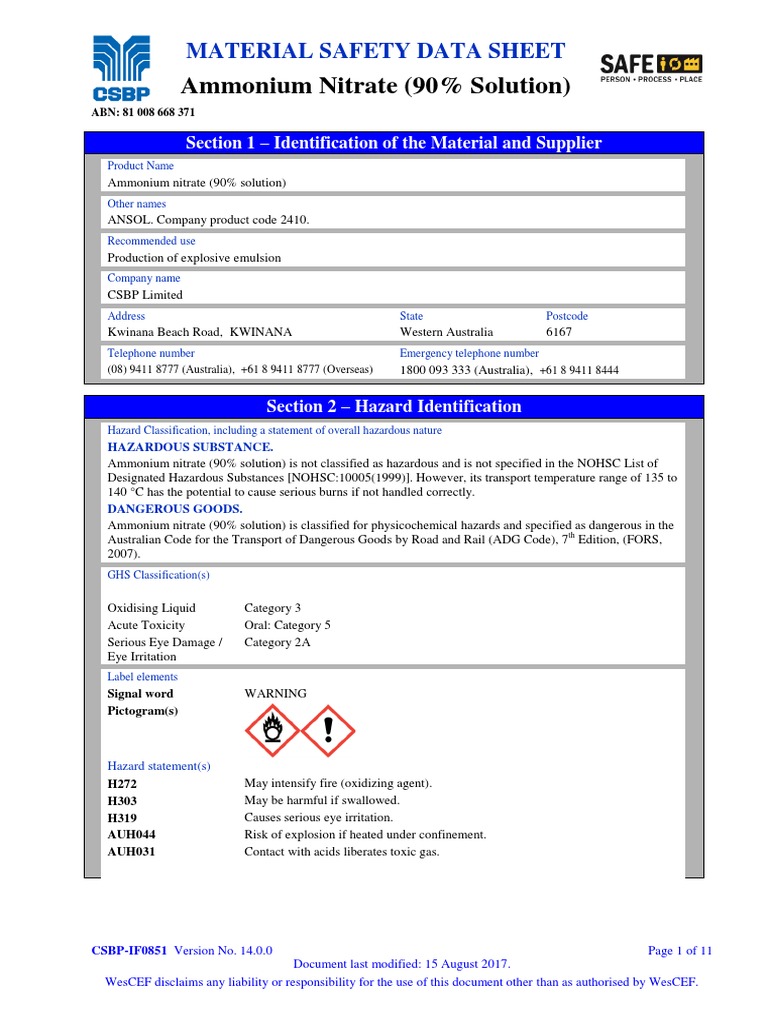 Msds Ammonium Nitrate (90 Solution) Dangerous Goods Chlorine