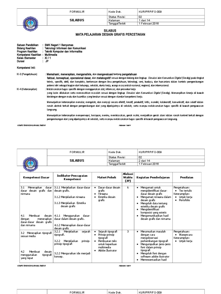  SILABUS  Desain  Grafis  Percetakan  Semester 1