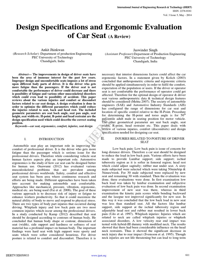 Design Specifications and Ergonomic Evaluation of Car Seat PDF Human Factors And Ergonomics