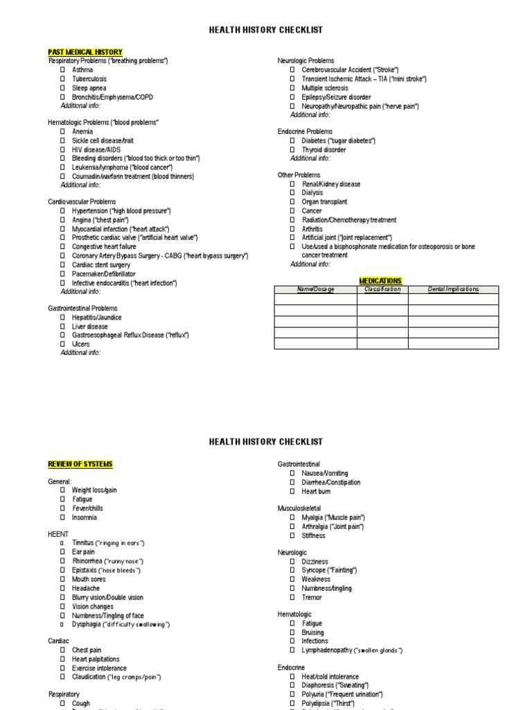 Comprehensive Medical History Checklist | PDF | Myocardial Infarction ...