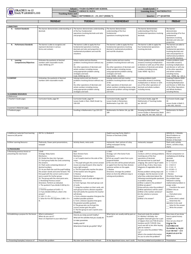 Grade 5 Math Daily Lesson Plan | PDF | Division (Mathematics) | Curriculum