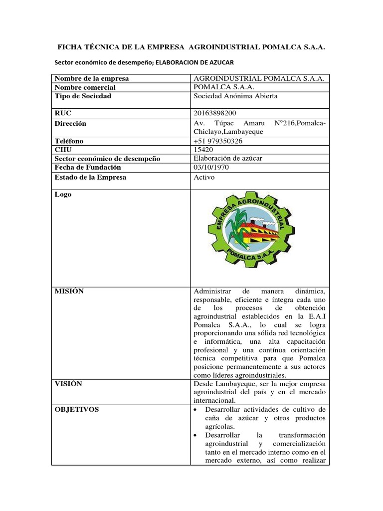 Pomalca Ficha | PDF | Agronegocios | Azúcar