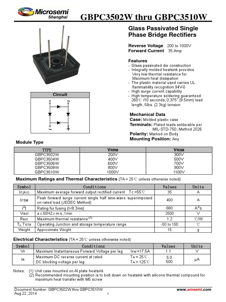 GBPC3502W Thru GBPC3510W: Glass Passivated Single Phase Bridge ...