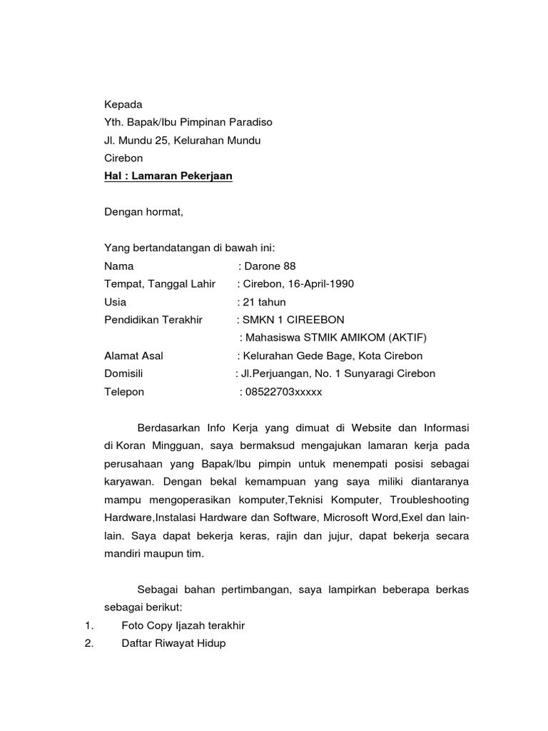 Contoh Surat Lamaran Kerja Dan Cv