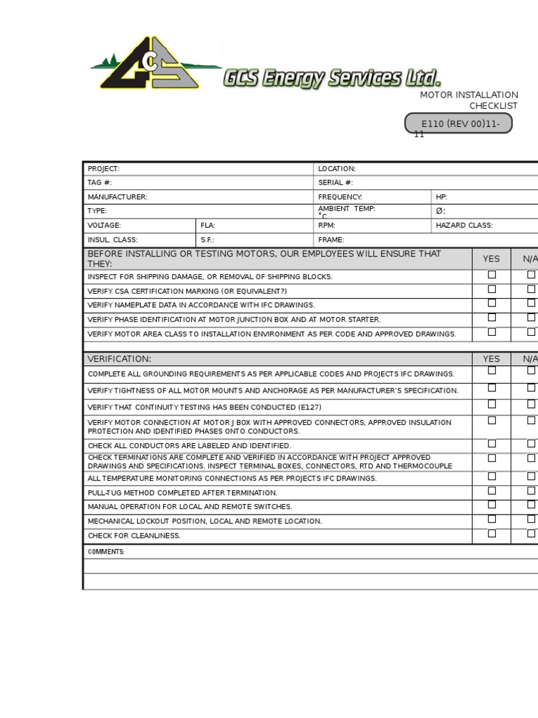 e110 Motor Installation Checklist Rev 00 11.11 Electrical Connector