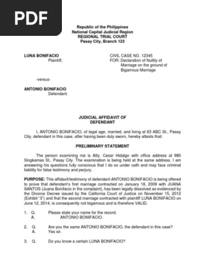 Judicial Affidavit Defendant