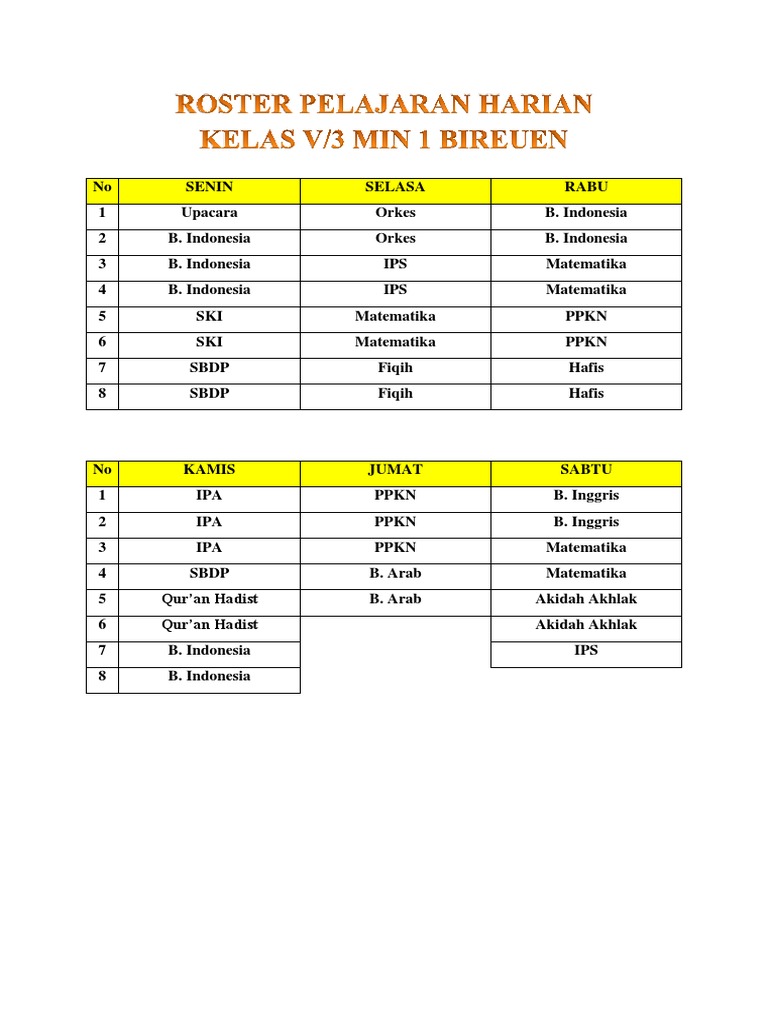 Roster Pelajaran Harian | PDF