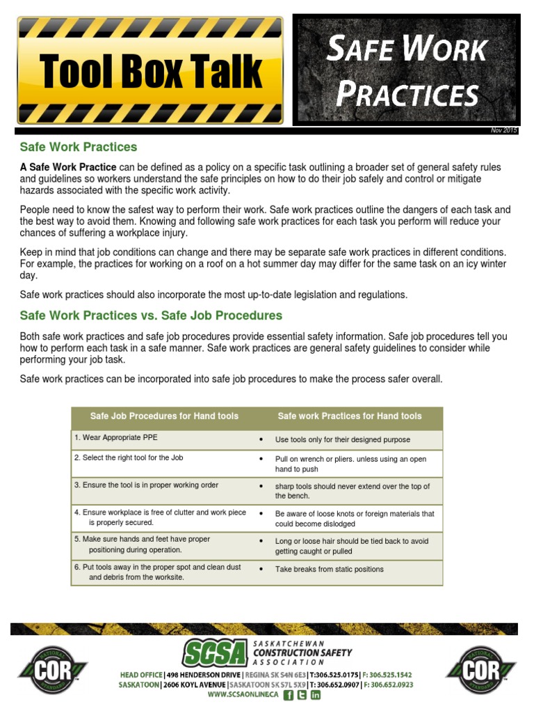 Tool Box Talk: Safe Work Practices | PDF | Tools | Safety