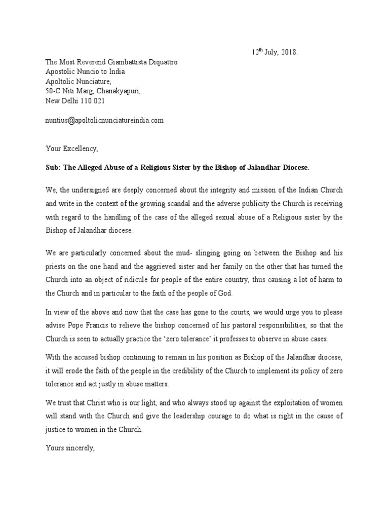 Letter To Archbishop Diquattro 07 12 18 Catholic Church Sexual Abuse 