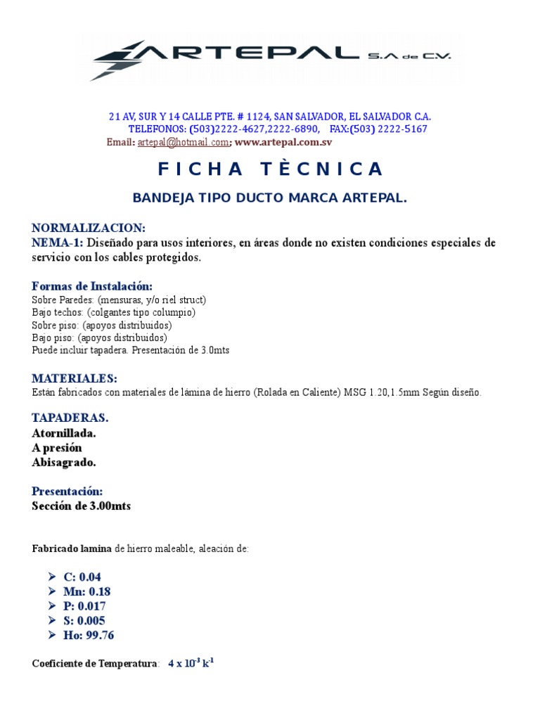 Bandeja Ducto Artepal: Ficha Técnica | PDF | Sustancias químicas