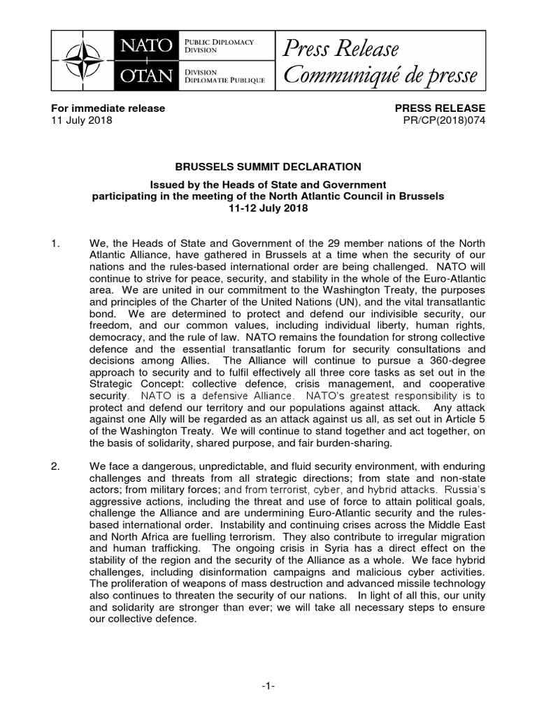 NATO Brussels Summit Declaration 2018 | PDF | Nato | Treaty On The Non ...