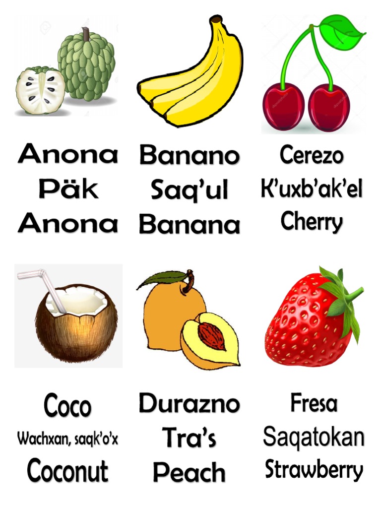 Frutas en Español Kaqchikel Ingles
