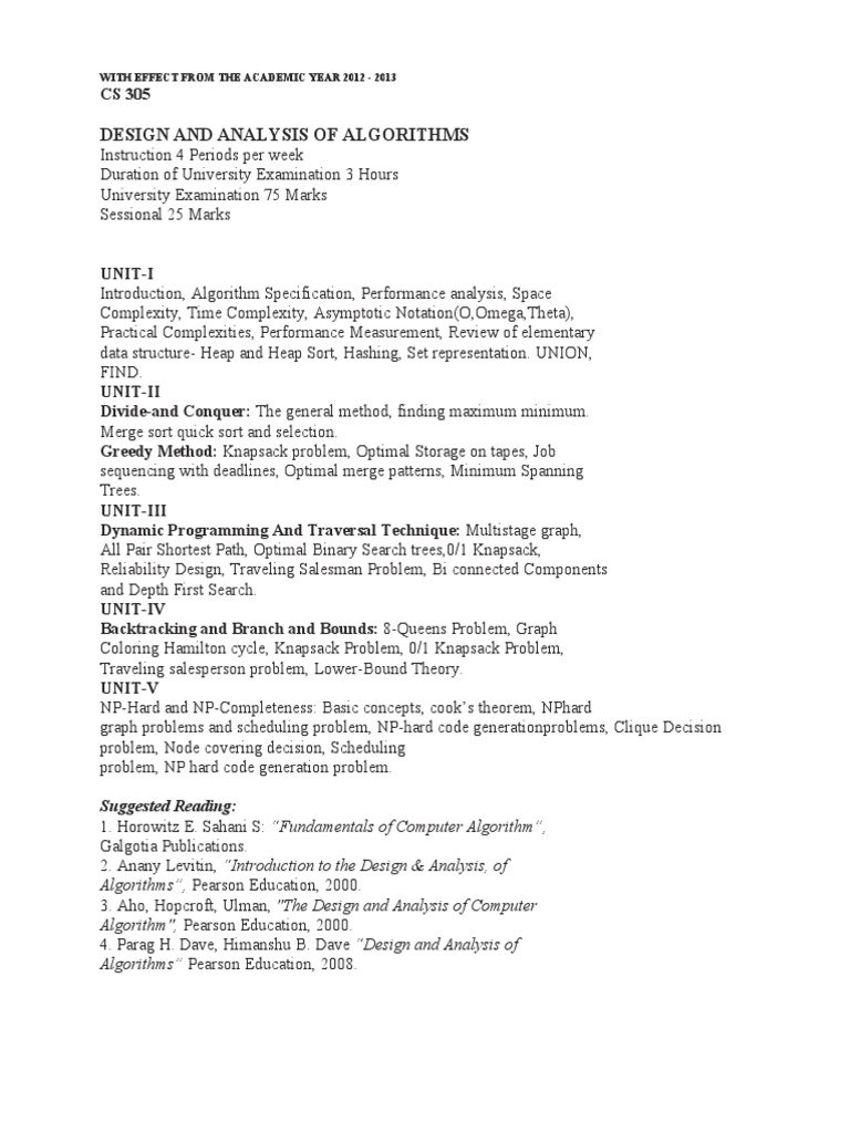 Design and Analysis of Algorithms Course | PDF