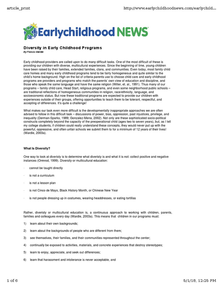 Diversity in Early Childhood Programs | PDF | Multiculturalism | Early ...