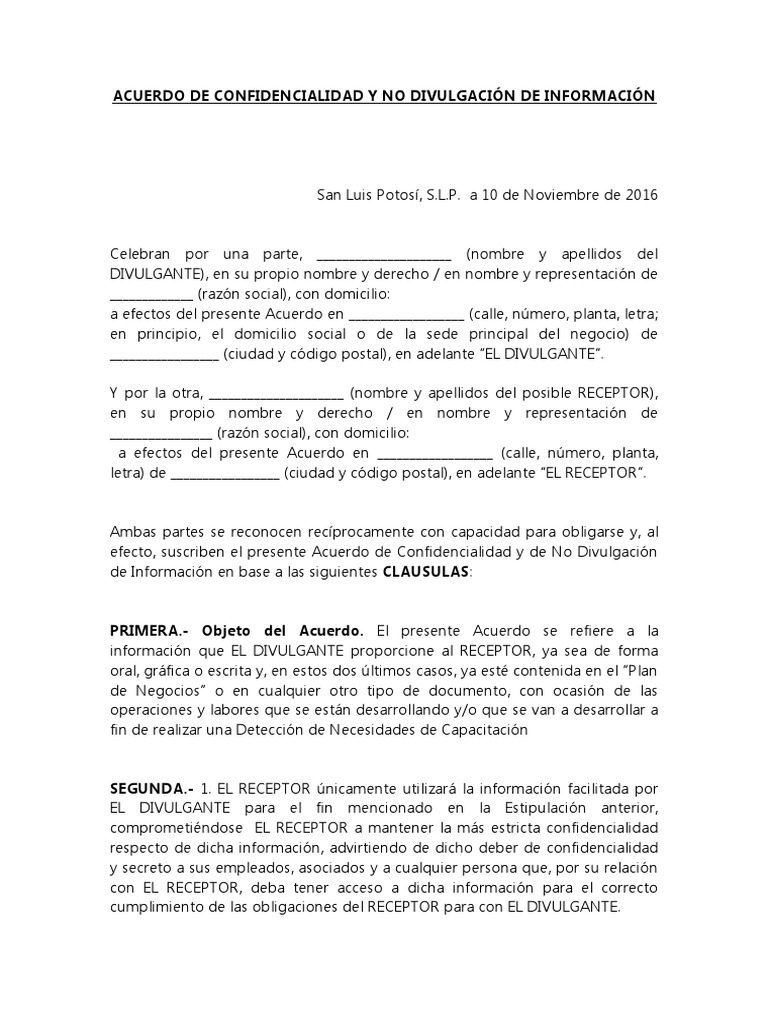 Acuerdo de Confidencialidad y No Divulgación de Información Propiedad intelectual Información