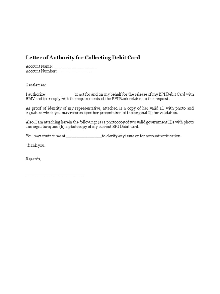Letter of Authority for Collecting Debit Card