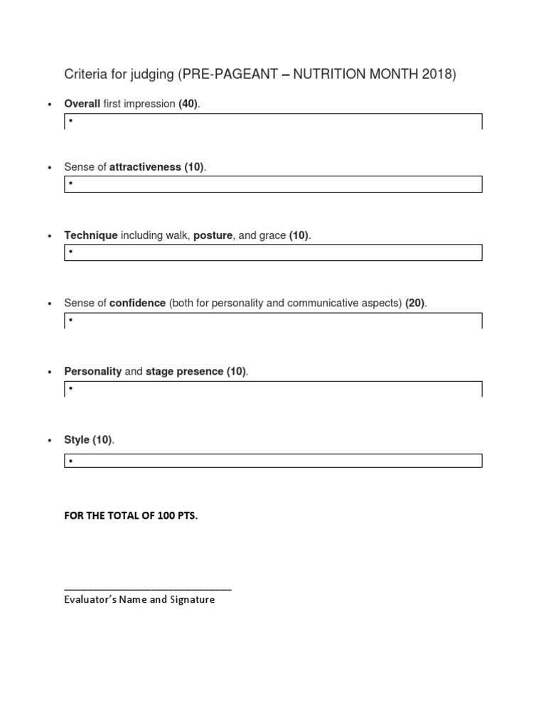Criteria For Judging (PRE-PAGEANT - Nutrition Month 2018) : Overall ...