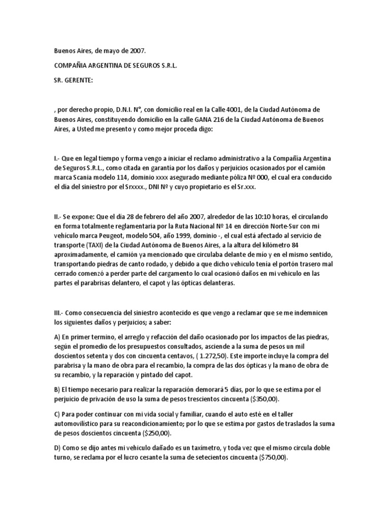 Modelo de Reclamo Administrativo Del Seguro | PDF | Póliza de seguros |  Transporte