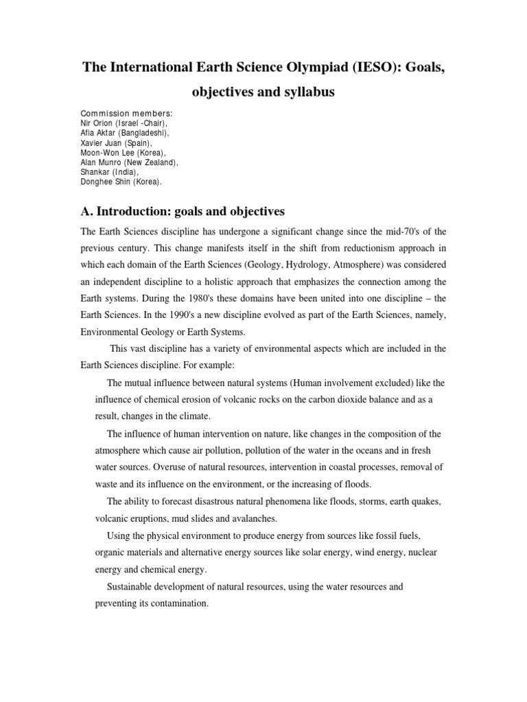 The International Earth Science Olympiad (IESO) Goals, Objectives and