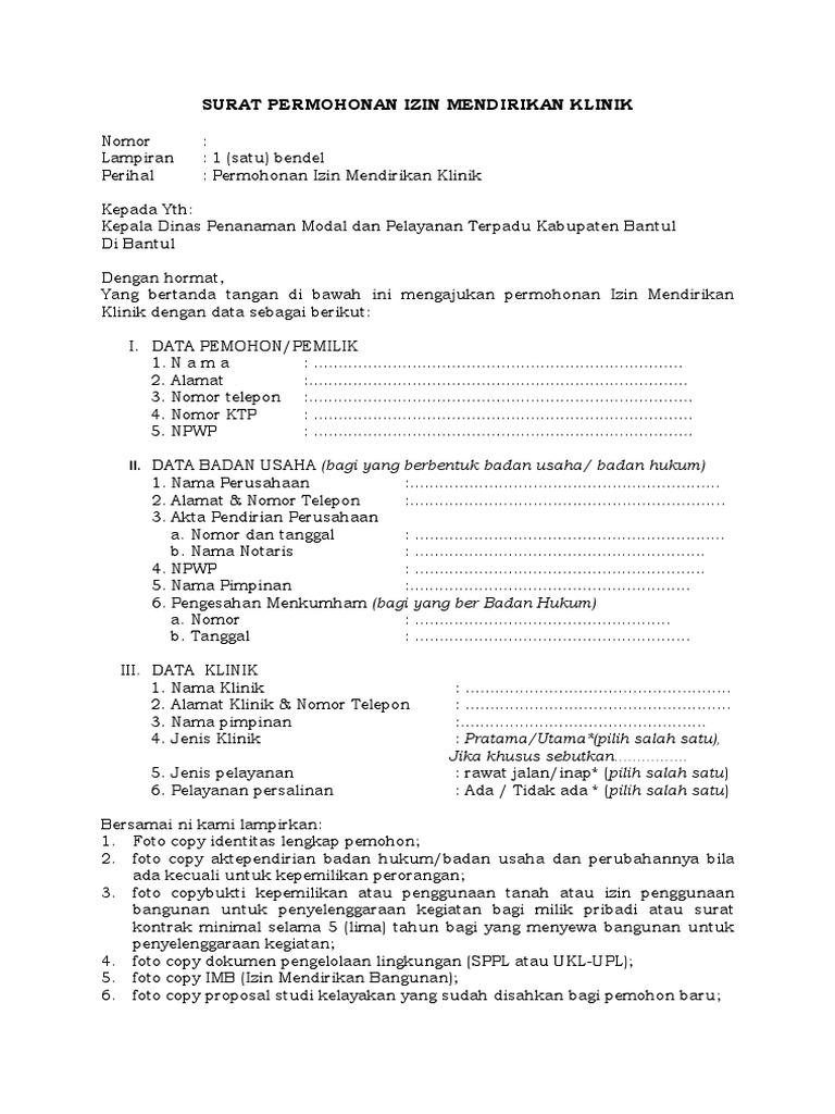 Contoh Surat Permohonan Izin Mendirikan Klinik Contoh