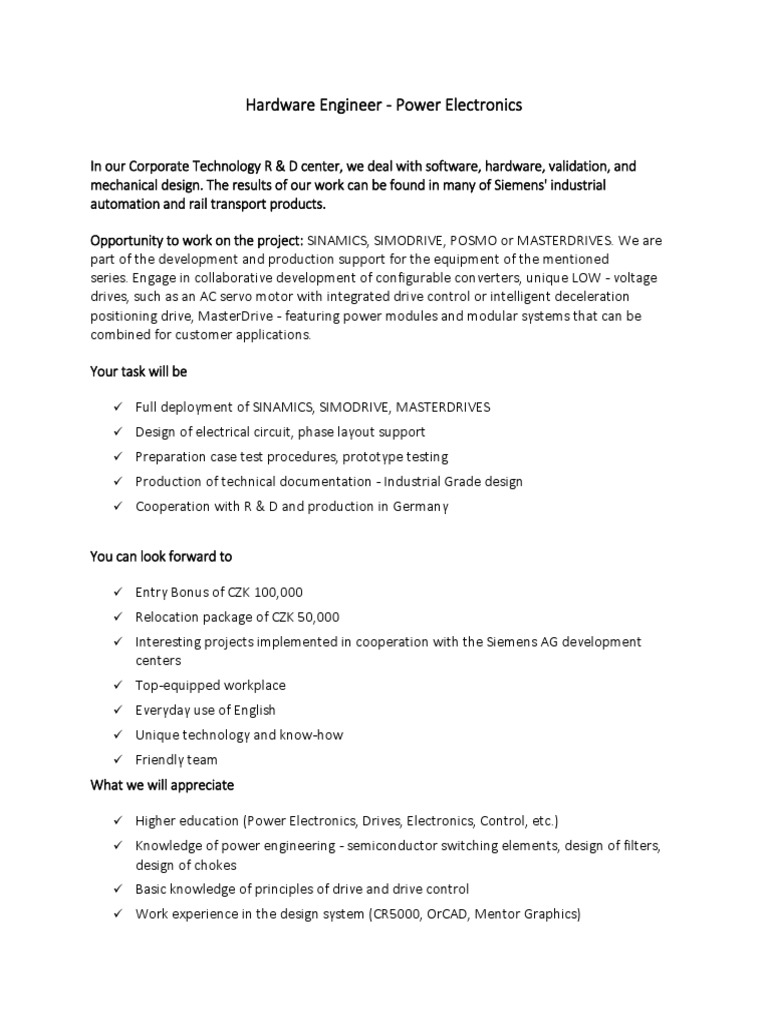 Hardware Engineer Power Electronics PDF Power Electronics Siemens