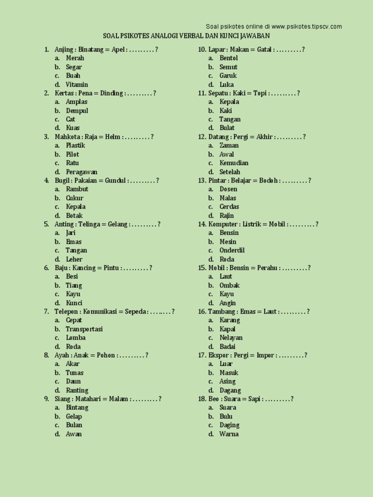 Soal Psikotes Analogi Verbal Pdf Game Aktivitas Seni