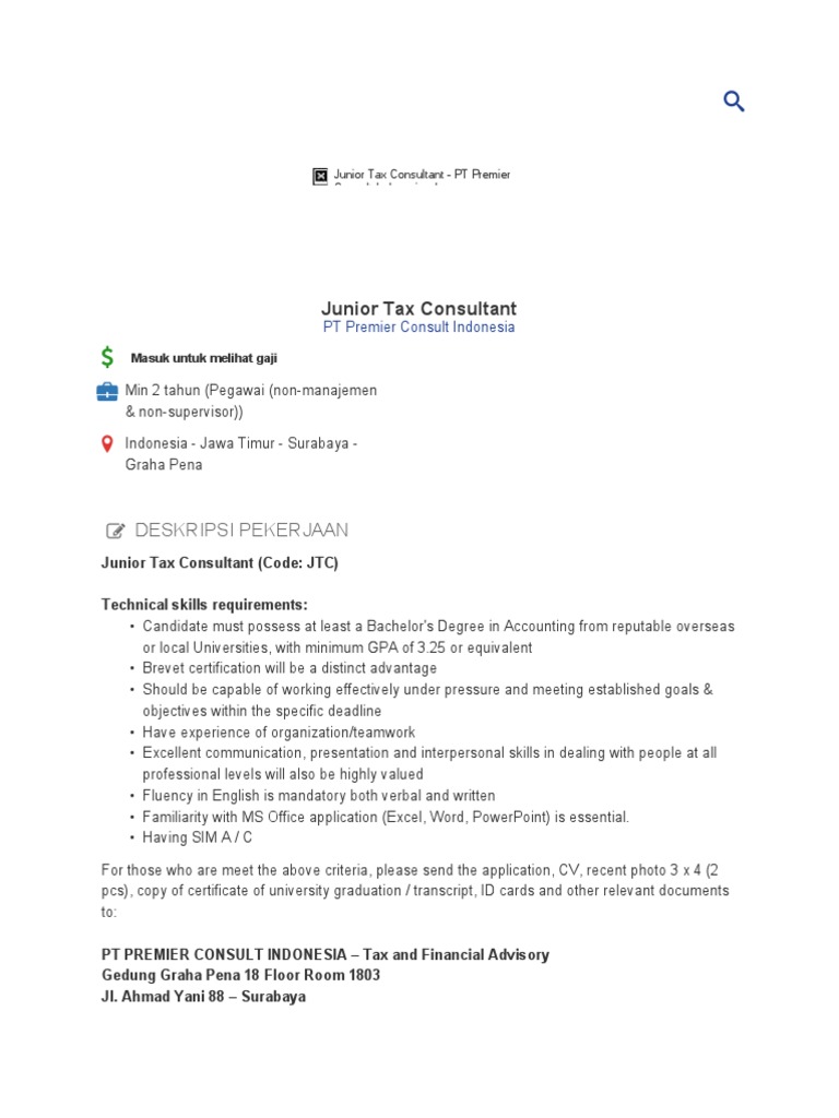 Junior Tax Consultant Deskripsi Pekerjaan PDF Business