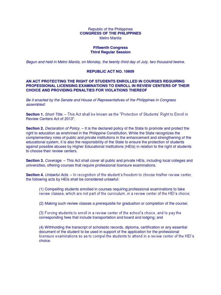 REPUBLIC ACT 10609 Protection of Students Right To Enroll in Review