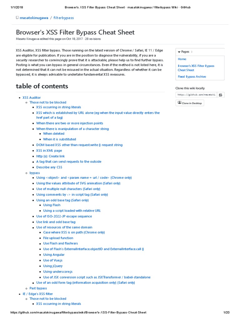 Browser's XSS Filter Bypass Cheat Sheet Masatokinugawa - Filterbypass Wiki  GitHub, PDF, Html Element