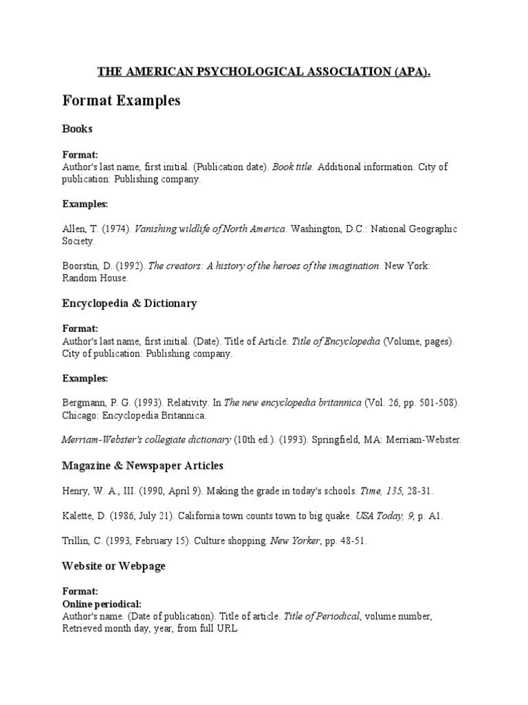 Format Examples The American Psychological Association (Apa) PDF Apa Style Publications