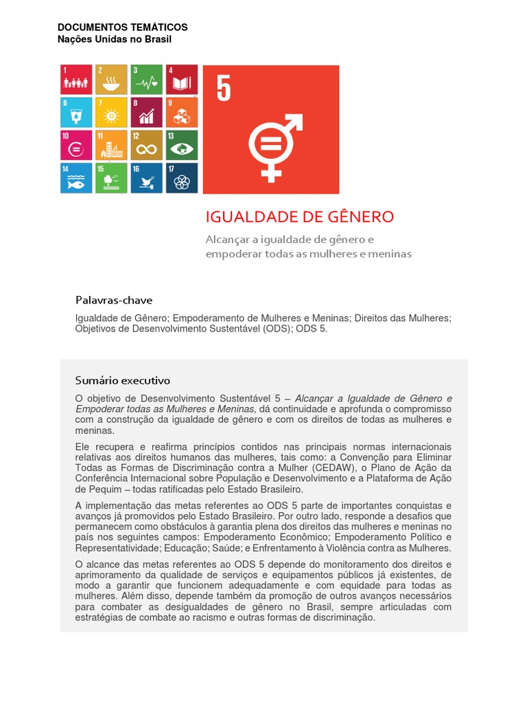 ONU. Documento Temático ODS 5 Igualdade de Genero | Igualdade de Gênero ...
